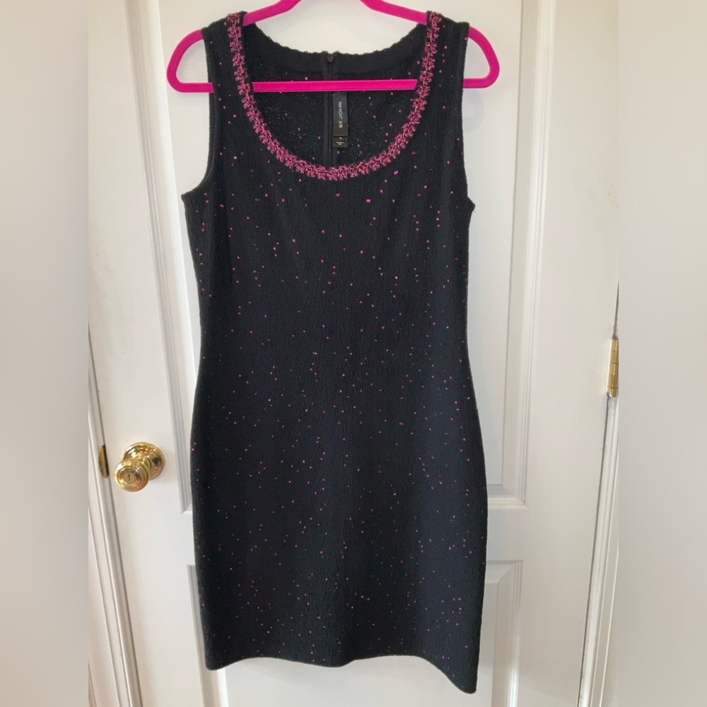 ST. JOHN—Black Cocktail Dress w/ Pink Sequins, 10, Jewel Neckline, Back Zip—EUC!